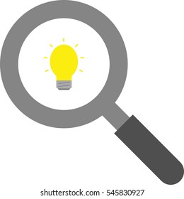 Vector grey magnifier with yellow light bulb symbol.