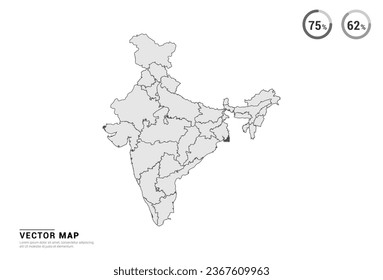 Vector grey map of India isolated on white background.