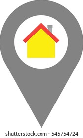 Vector grey map locator icon with yellow house icon.