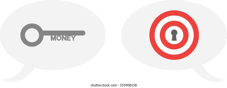 Vector grey money key and red and white bulls eye with keyhole inside speech bubbles.