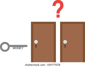 Vector grey money key with two brown doors and red question mark.