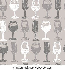 Vector grey monochrome rows of wine glasses sketch seamless pattern. Perfect for fabric, restaurant menu and wallpaper projects.