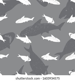 Vector grey monochrome simple cute shark pen sketch repeat pattern with shadow background. Prefect for fabric, scrapbooking and wallpaper projects.