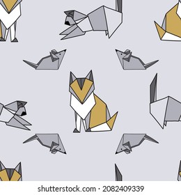 Vector Grey Origami Cats with Mouse seamless background pattern