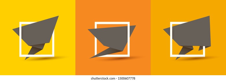vector grey origami paper speech bubble set isolated on orange background.  Vector abstract blue background for web, flyer, poster or banner design
