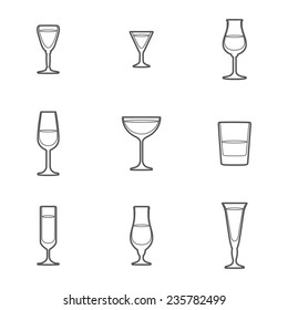 vector grey outline alcohol glasses icon set