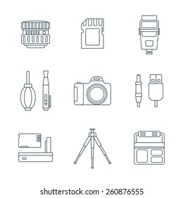 vector grey outline various digital photography equipment icons white background 