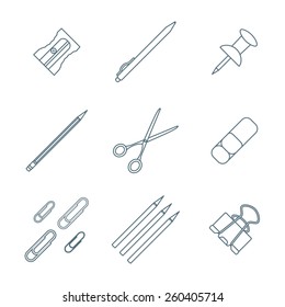 vector grey outline various stationery icons set white background 