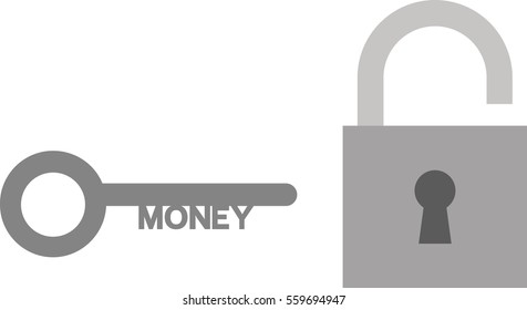 Vector grey padlock with money key.