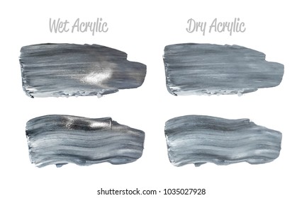 Vector grey paint smear stroke stain set. Abstract acrylic textured art illustration. Wet and Dry Acrylic Texture Paint Stain Illustration. Hand drawn brush strokes vector elements. Acrilyc strokes.