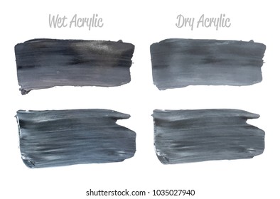 Vector grey paint smear stroke stain set. Abstract acrylic textured art illustration. Wet and Dry Acrylic Texture Paint Stain Illustration. Hand drawn brush strokes vector elements. Acrilyc strokes.