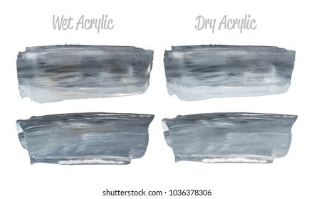 Vector grey paint smear stroke stain set. Abstract acrylic textured art illustration. Wet and Dry Acrylic Texture Paint Stain Illustration. Hand drawn brush strokes vector elements. Acrilyc strokes.
