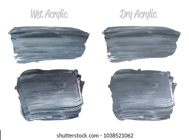 Vector grey paint smear stroke stain set. Abstract acrylic textured art illustration. Wet and Dry Acrylic Texture Paint Stain Illustration. Hand drawn brush strokes vector elements. Acrilyc strokes.