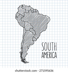 Vector grey pen hand drawn South America map on paper illustration