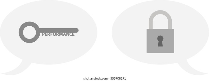 Vector grey performance key and padlock inside speech bubbles.