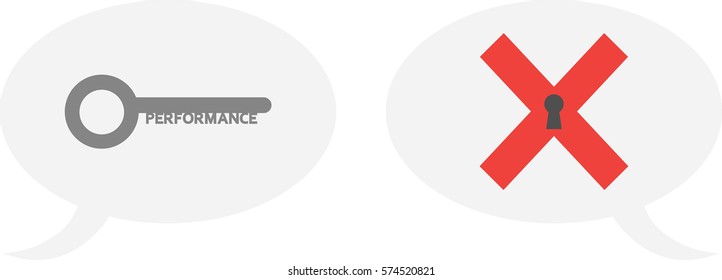 Vector grey performance key and red x mark with keyhole inside speech bubbles.