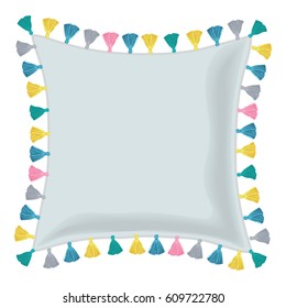 Vector Grey Pillow Decorated With Colorful Decorative Tassels. Editable Template Design.