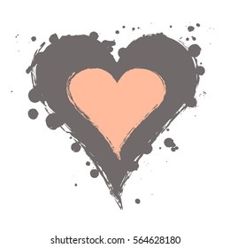Vector grey, pink graphic grunge illustration of heart sign with ink blot, brush strokes, drops isolated on the white background. Series of artistic illustration with splash, blots and brush strokes