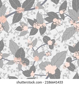 Vector grey pink jasmine flowers garden leaves with texture delicate seamless pattern background. Great for fabric, textile, packaging, wallpapers and much more
