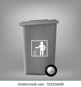 Vector Grey PlasticTrashcan Isolated on Grey Backgrouund. Grey Trash Bin