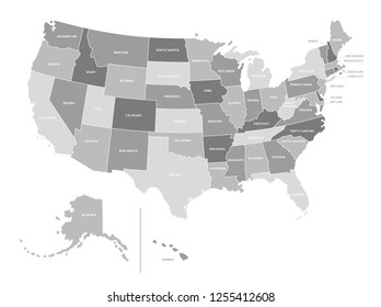 Vector grey political USA map isolated white background 