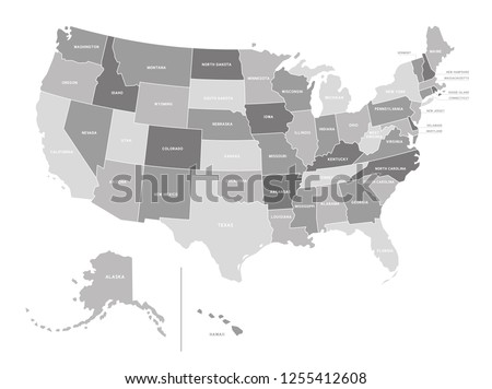 Vector grey political USA map isolated on a white background.