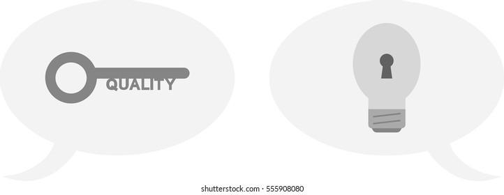 Vector grey quality key and grey light bulb with keyhole inside speech bubbles.