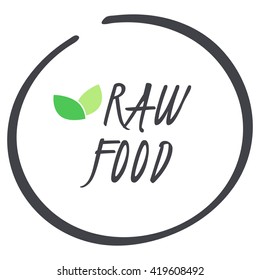 vector grey Raw Food circle logo symbol with green leaves for food