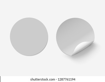 Vector grey realistic round paper adhesive stickers with curved corner on transparent background.