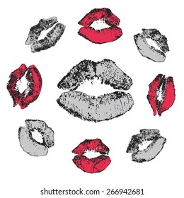 Vector Grey, Red and Black Lipstick Kisses Set. Grunge lips imprint. Modern art, natural trace, isolated on white background. For Valentine card or greeting.