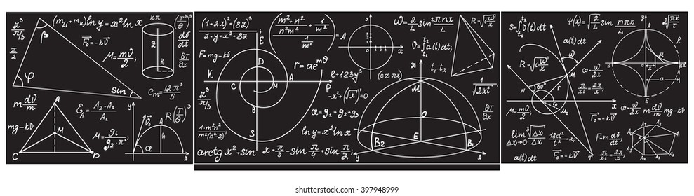 Vector grey school classroom chalkboard with handwritten with chalk formulas, equations, figures