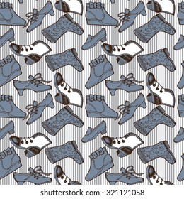 Vector grey seamless pattern with many shoes on a striped background
