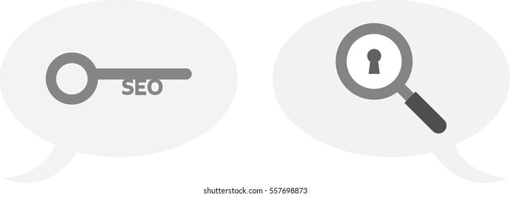 Vector grey seo key and magnifying glass with keyhole inside speech bubbles.