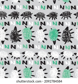 Vector grey sheep zzz counting horizontal rows cute doodles seamless pattern. Suitable for textile, gift wrap and wallpaper.