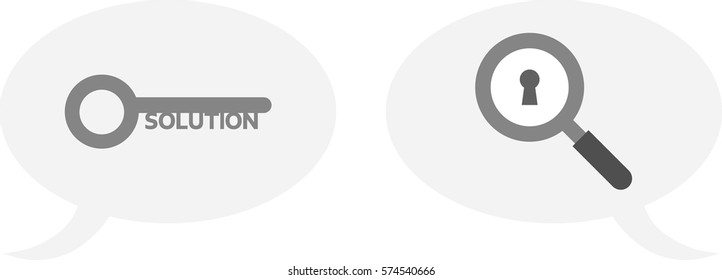 Vector grey solution key and magnifying glass with keyhole inside speech bubbles.