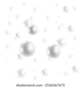 Vector grey spheres. Flying white natural pearl sphere, blur on light pearly background. Luxury jewelry pearl with white glowing light for science or beauty advertisement.