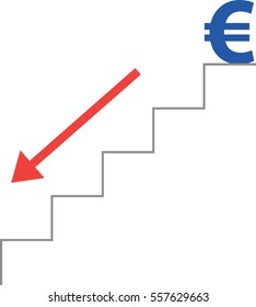 Vector grey stairs with blue euro symbol on top and red arrow moving down.