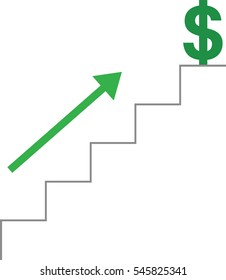 Vector grey stairs with green dollar symbol on top and green arrow moving up.