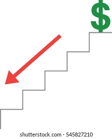 Vector grey stairs with green dollar symbol on top and red arrow moving down.