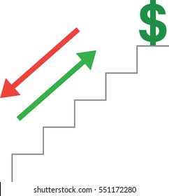 Vector grey stairs with green dollar symbol on top and red and green arrows moving down and up.