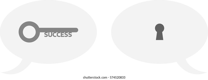 Vector grey success key and keyhole inside speech bubbles.