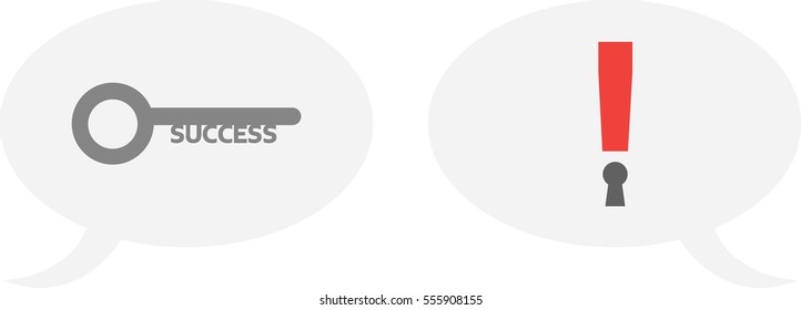 Vector grey success key and red exclamation mark with keyhole inside speech bubbles.