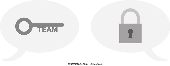 Vector grey team key and padlock inside speech bubbles.