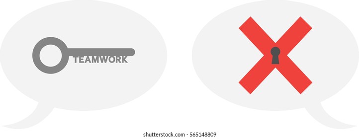 Vector grey teamwork key and red x mark with keyhole inside speech bubbles.