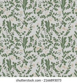 Vector grey tropical round leaf creeper plant duit-duit Pyrrosia piloselloides small seamless background pattern. Suitable for wallpaper and textile.