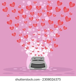 Vector Grey Typewriter and Set of Red Hearts Icons Isolated on Pink Background.