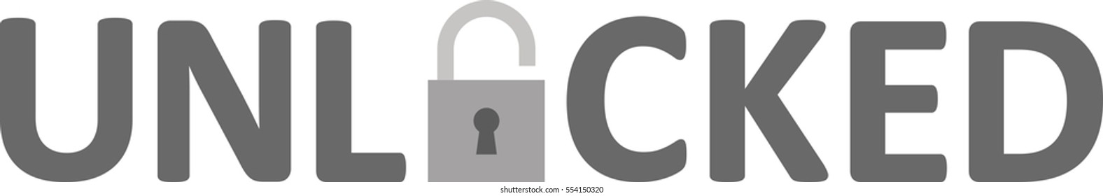 Vector grey unlocked text with open padlock.