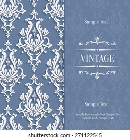 Vector Grey Vintage Background with 3d Floral Damask Pattern Template for Wedding or Invitation Card