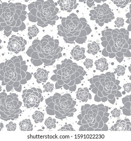 Vector grey white succulent flower dot background seamless pattern print
