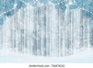 Vector grey wooden  background, snow  and fir branches  border for Christmas design.